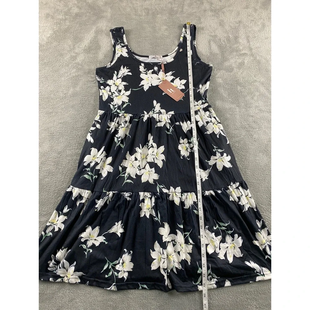Hotouch Navy Blue Floral Lily Tiered Midi Dress Sleeveless Pockets Womens Small